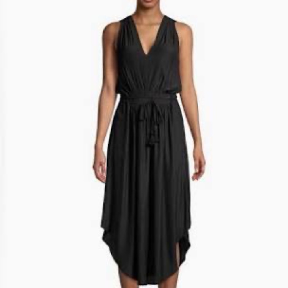 Ramy Brook Hayley Navy Cinch Tie Waist Asymmetrical Lace Hem Midi Dress Sz L